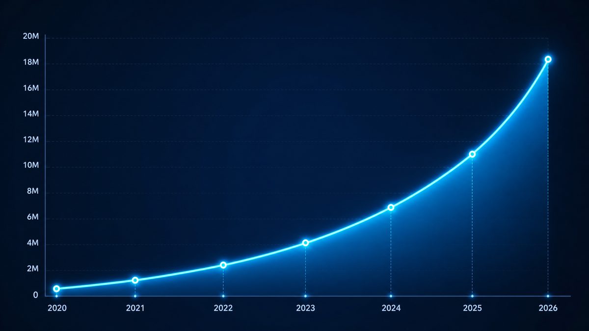 jm天堂用户增长数据图表,展示2020-2026年注册用户从50万增长至1800万的趋势